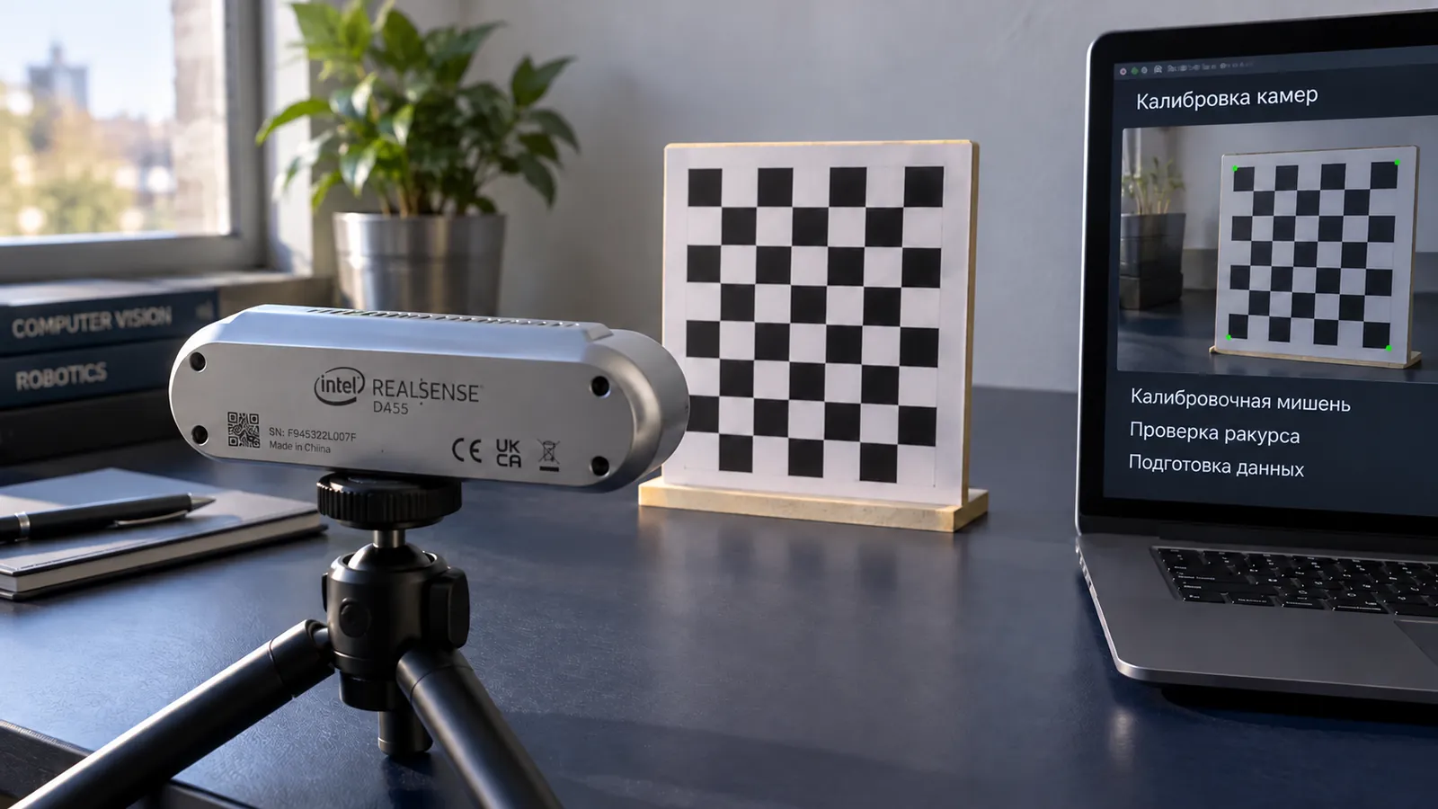 Stereo camera in front of the calibration target and a laptop with a picture of the target