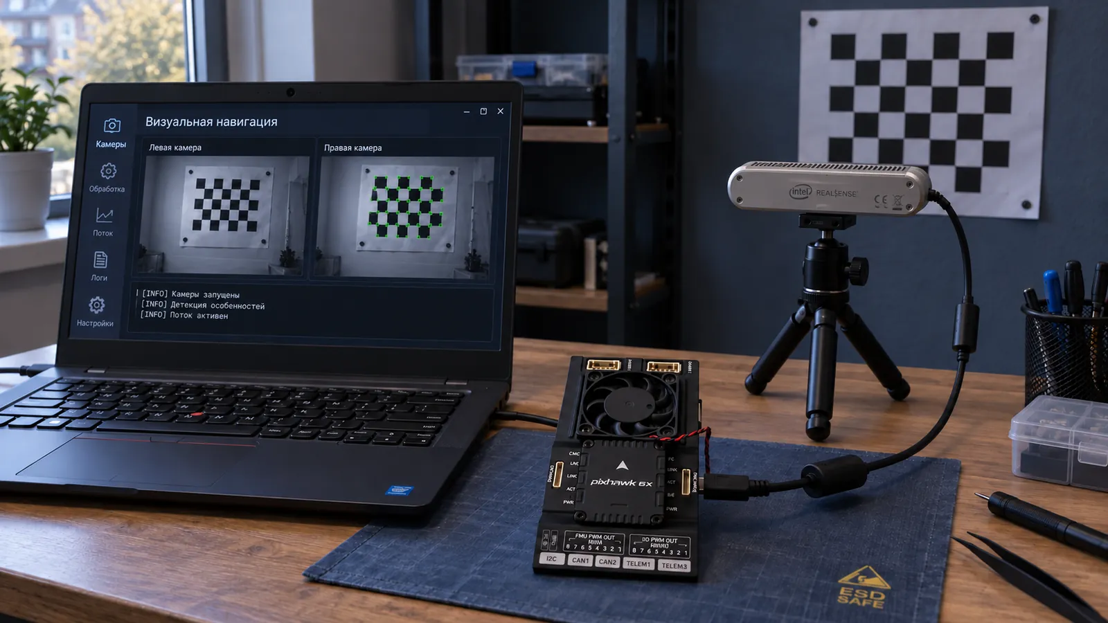Illustration of a visual navigation stand with a stereo camera and an onboard computer