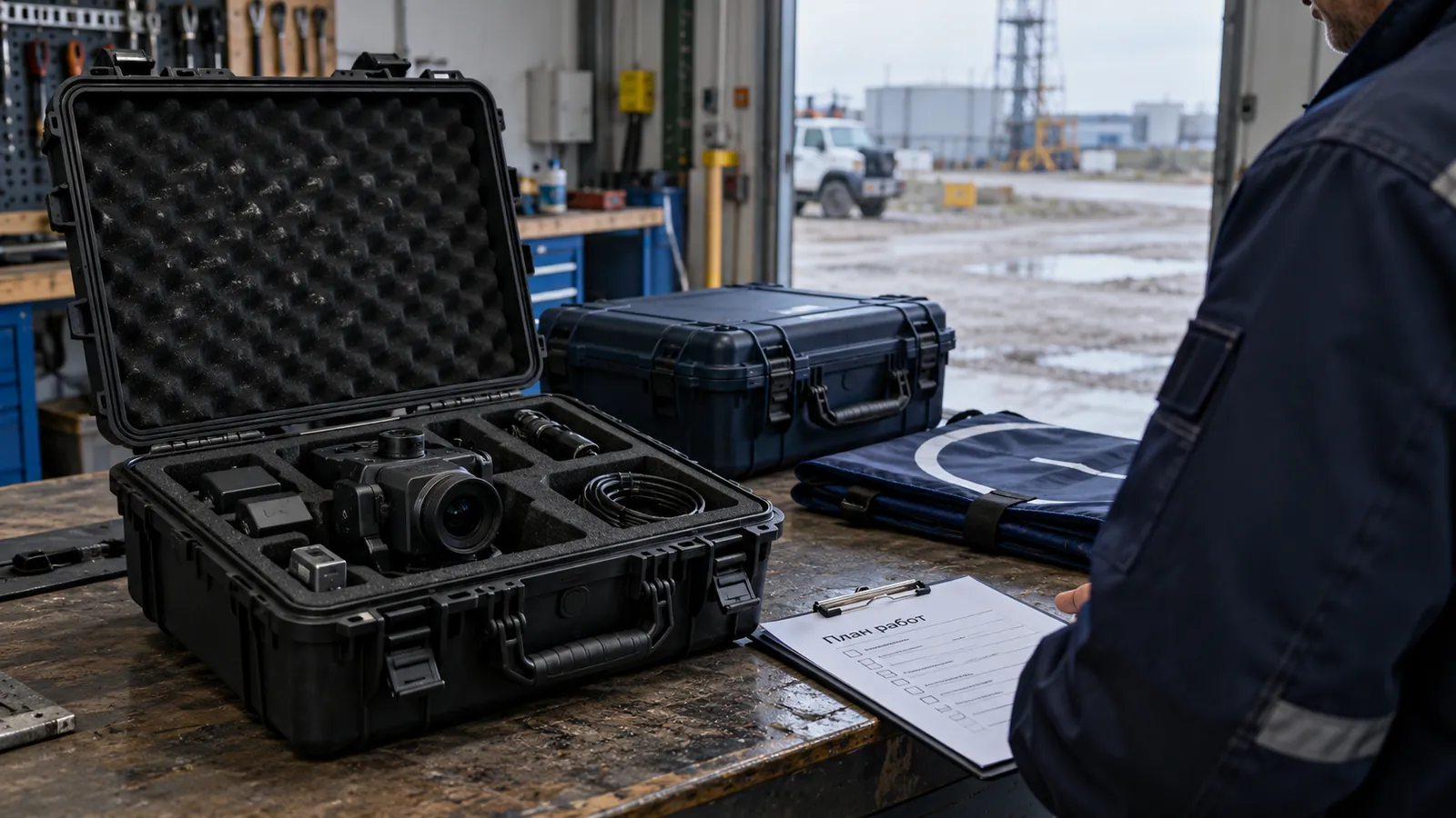 Preparing equipment for departure: camera in a protective case, cables, landing mat and work plan