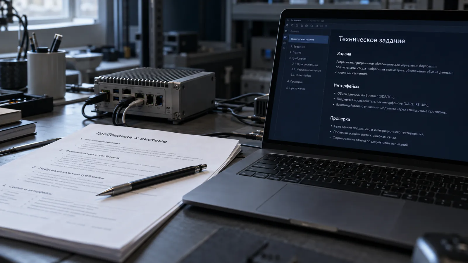 Laptop with technical specifications, requirements document and onboard computer on an engineering desk