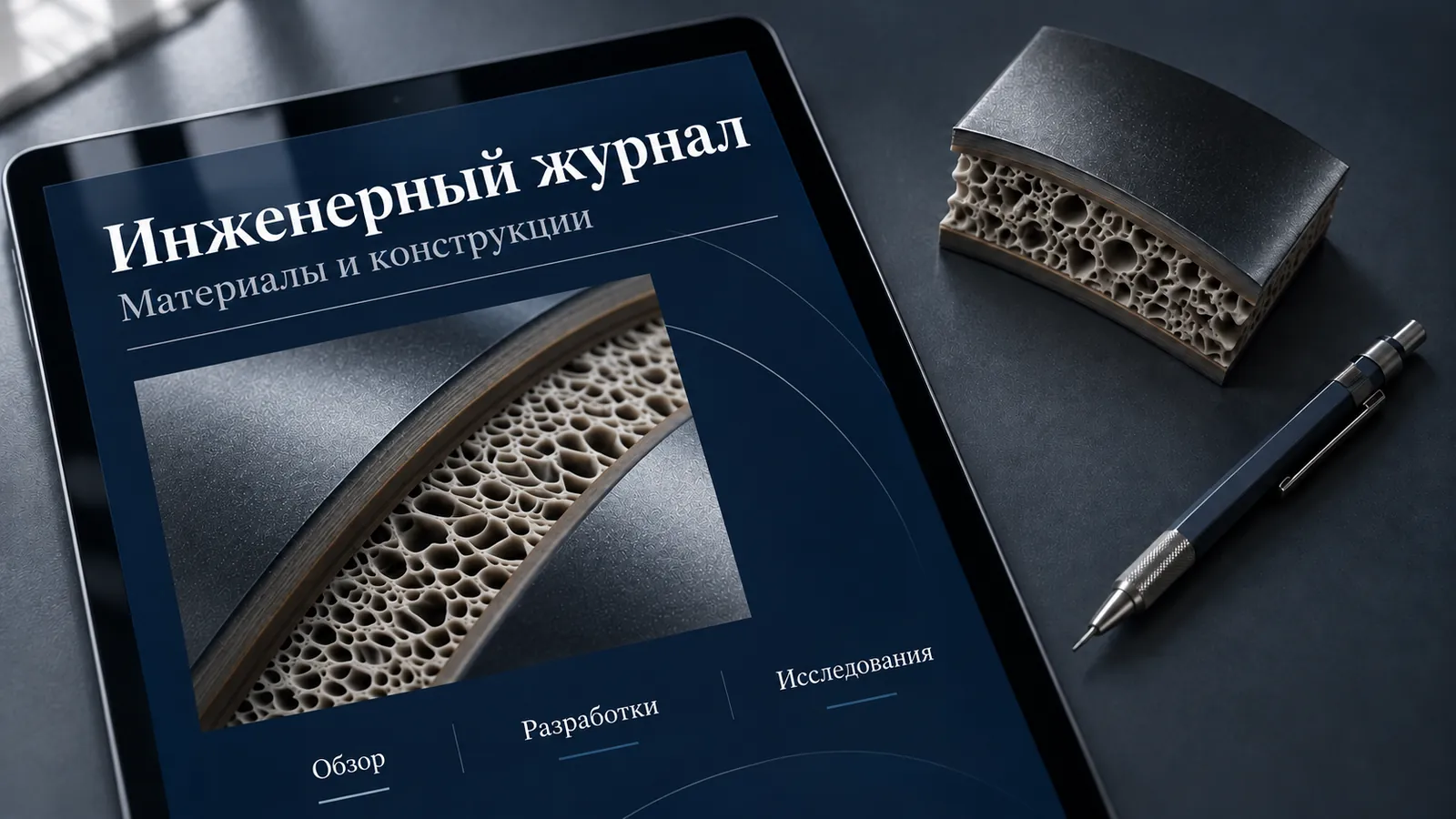 Иллюстрация инженерного журнала и образца ячеистой конструкции
