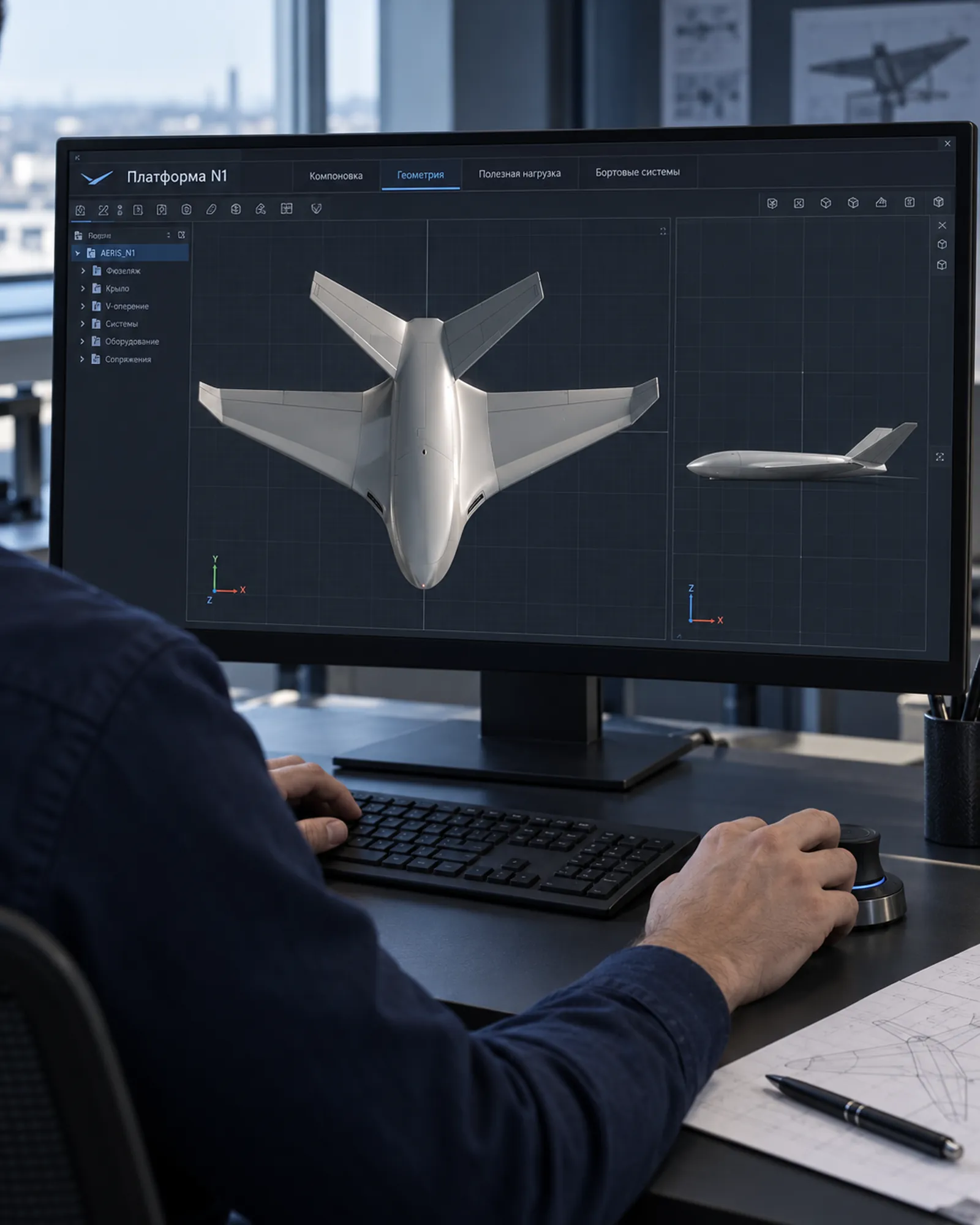 Иллюстрация работы с компоновкой AERIS N1 Finch в системе проектирования